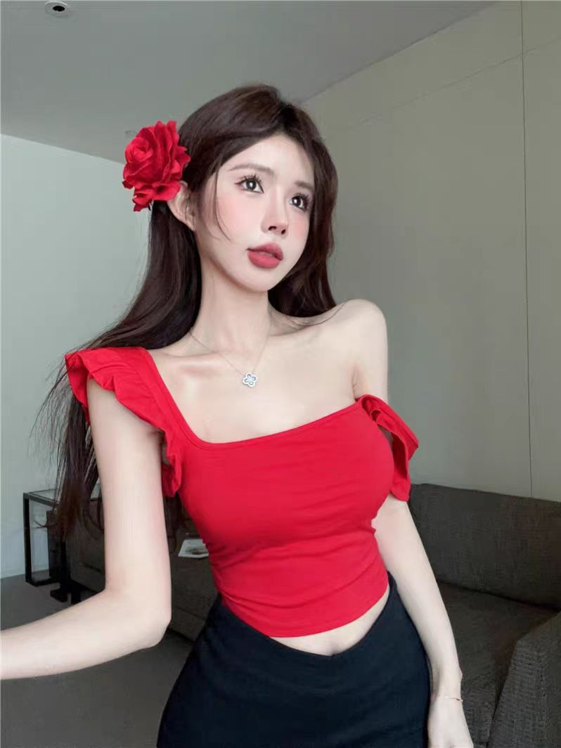 Pure Retro Spice Girl Sexy Red Flying Sleeve Short-sleeved T-shirt Women's Summer Slim-fit Slimming Design Sense Outer Wear Top
