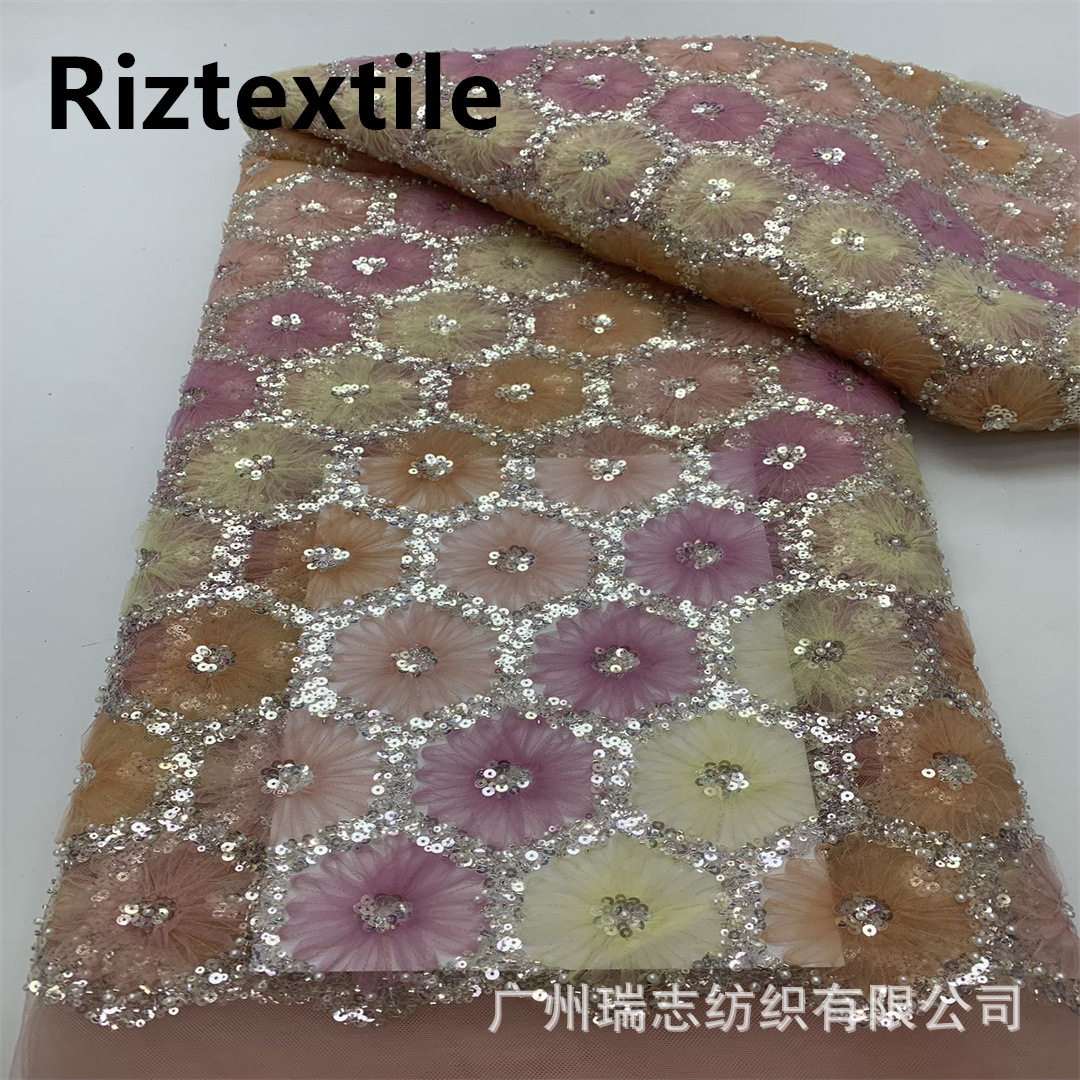 Picture of New Arrival Flower Dress dress Fabric Fashion Hexagon Sequins Bead Tube Embroidery Gorgeous Wedding Dress Mesh Embroidered Fabric