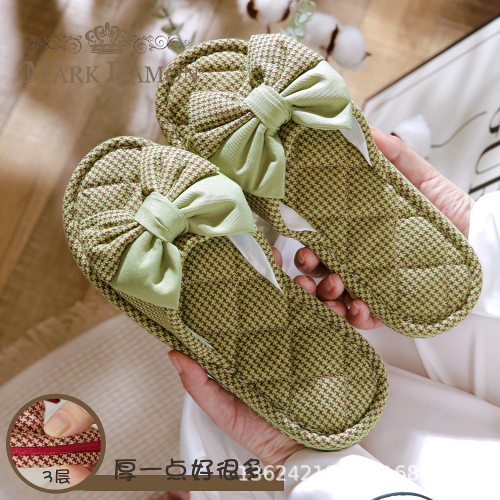 New Pure Cotton Thickeneded Three-Layer Fabric Cloth Bottom Silent Anti-Noise Bow Home Indoor Floor Slippers for Women