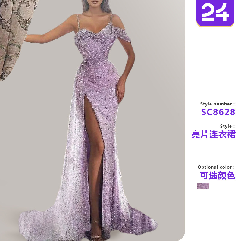 2025 Cross-Border New European and American Clothing Amazon Dress Suspender Long Skirt Slit Sequined Asymmetrical Evening Dress
