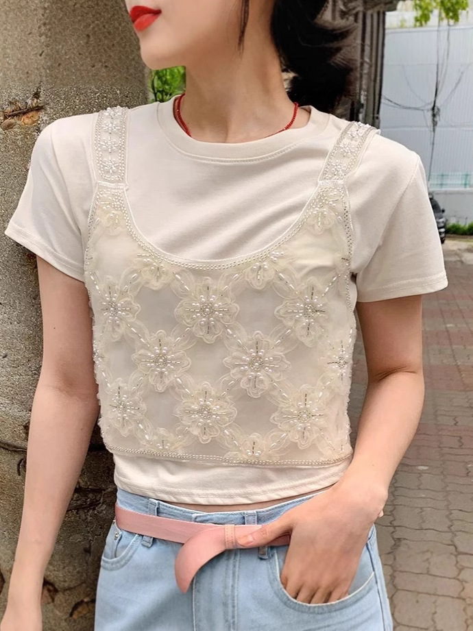 French Heavy Industry Beaded Hollow Stacked Camisole Women's Summer Design Sense Niche Western Style Fashion Short Top