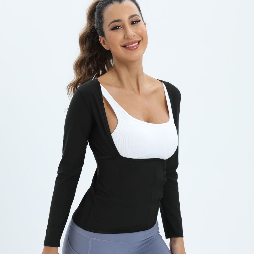 Amazon Women's Yoga Fitness Sweat Suit Cross-border Sports Shaper Waist Long-sleeved Sweat-burning Tunic