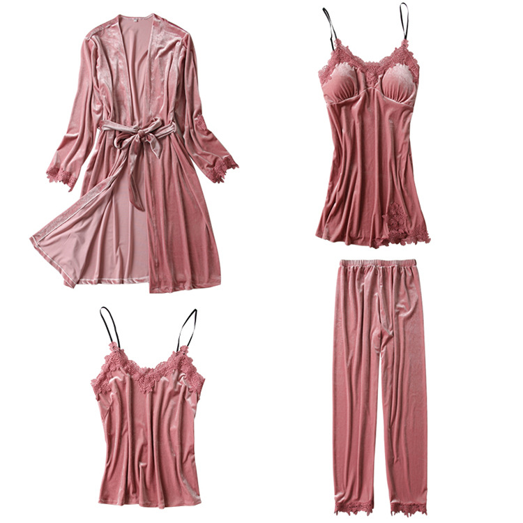 Picture of Pajamas for Women 2025 Spring New Gold Velvet Four-Piece Set Sexy Long-Sleeved Korean Velvet Nightgown with Chest Pad Home Clothes
