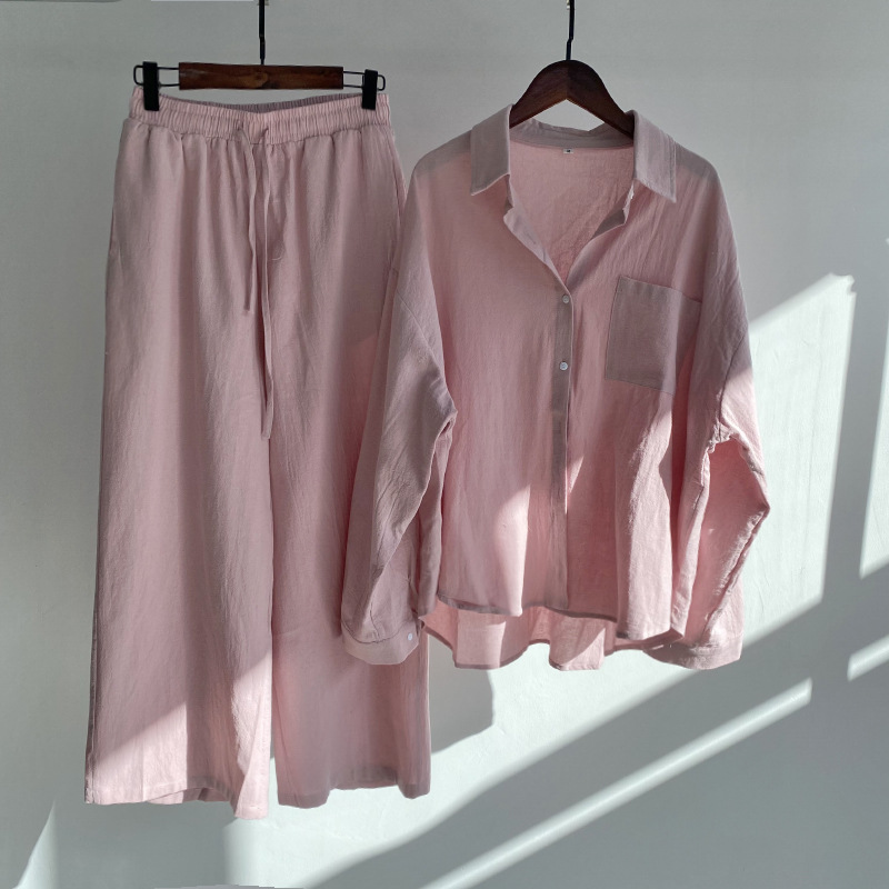 Cross-border Amazon Women's 2-piece Vintage Plus Size 2022 Cotton and Linen Shirt suit High Waist Loose Trousers
