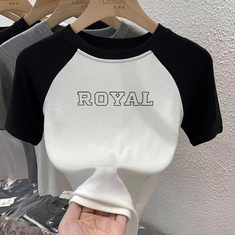 Women's High-end Shoulder Short-sleeved T-shirt for Summer Korean-style Niche Design Sense Contrast Color Printing Slim-fit Slim-fit Unique Top