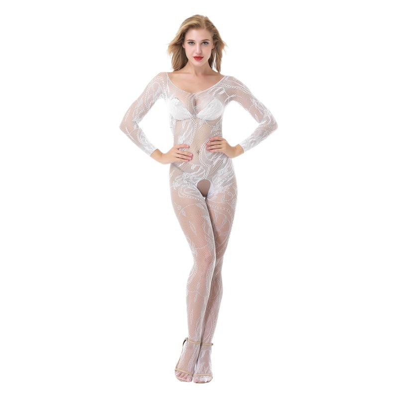 606 Explosions Sex Mesh Long-sleeved Sexy Open-end jumpsuit Hollow-out Xiaolong Plus Size Perspective Sex Mesh
