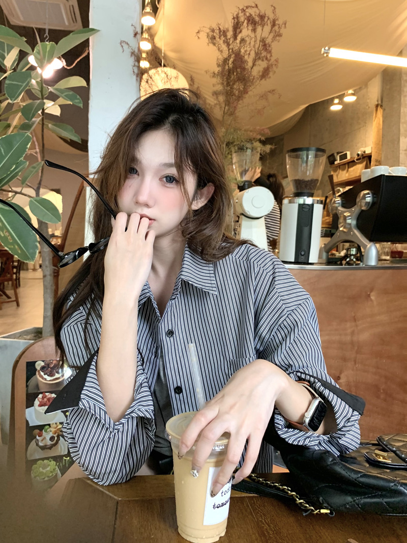 Vertical Stripe Shirt Coat Women's Autumn New Design Sense Niche Loose Shirt Korean Style Retro Long Sleeve Top