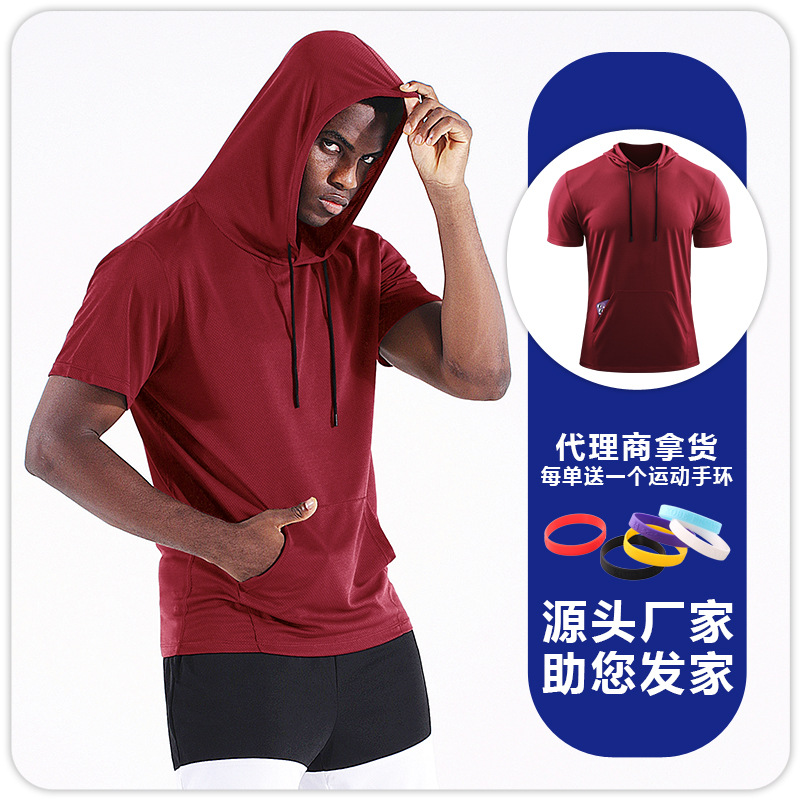 Picture of Men's Large Size Loose Short-Sleeved Fitness Clothing Hooded Flap Pocket Pants Quick-Drying Clothing Breathable Half-Sleeved T-Shirt Basketball Muscle Training Clothing