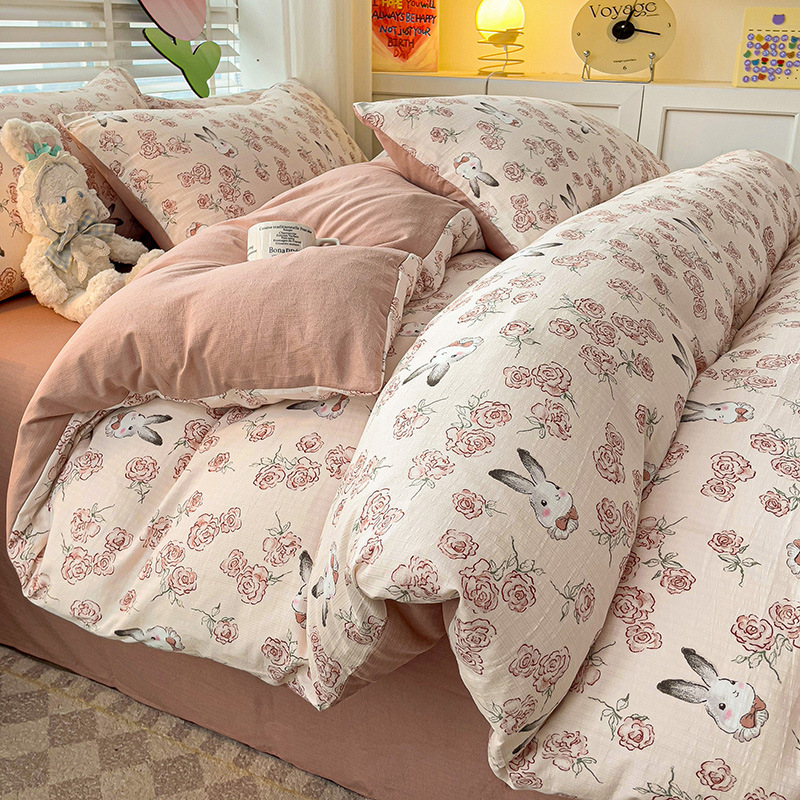 Picture of Class A Maternal and Infant Grade Fresh Small Zhu Cotton Four-piece Set Washed Cotton Bed Sheet Quilt Cover Three-piece Set for Student Dormitory