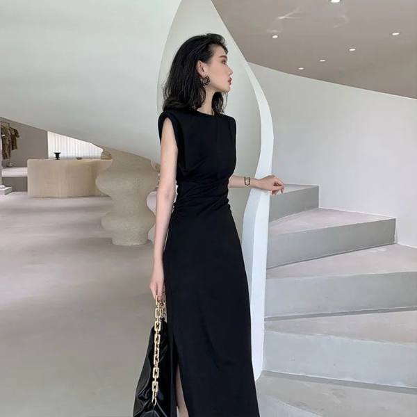 Tonal Handle Retro Padded Pleated Dress 2022 Summer New Style Skirt ins Super Fairy Sexy Slimming