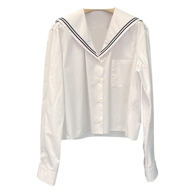 2025 Spring New Miu Style White Long Sleeve Shirt Sweet Navy Collar College Style Women's Shirt Easiest for Match Top for Women