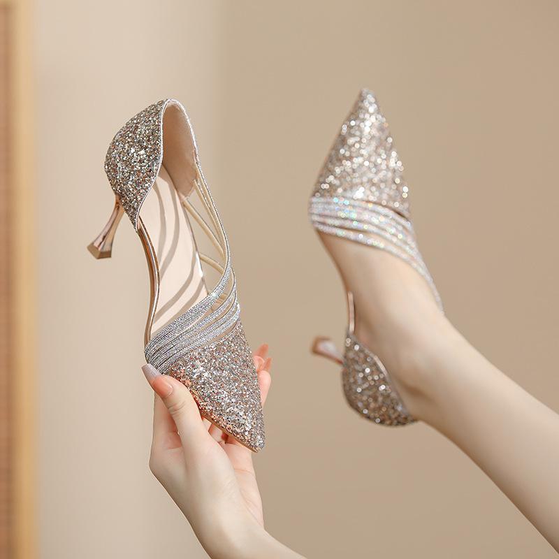 Champagne Color Rhinestone High Heels Women's Stiletto Heels 2025 New Wedding Shoes Bridal Shoes Shallow Mouth Elegant Pointed Toe Women's Flats