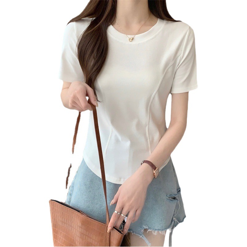 2025 New Summer Style Fishbone Pattern Slim Short-Sleeved T-Shirt for Women Summer Simple Pure Color Inner Half-Sleeved Korean Style Inner Top