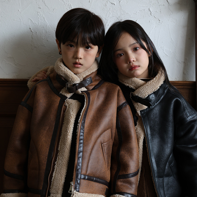 Children's Wear Foreign Trade Boys' Suede Jacket Autumn and Winter Children's Jacket Girls' Winter Fur fleece-lined Thickened