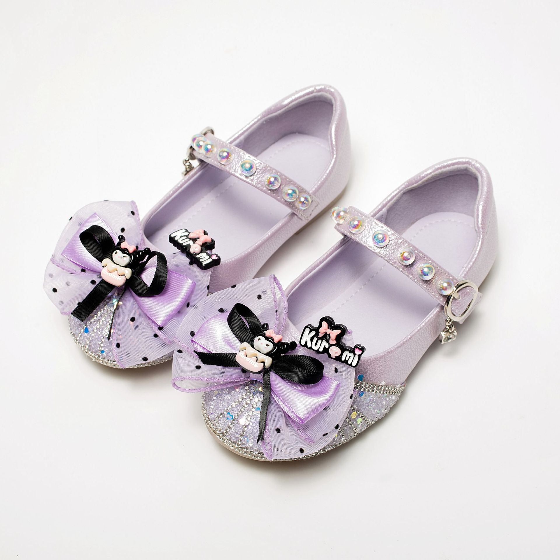 2025 New Children's Rhinestone Bow Princess Shoes Little Girl's Dance Performance Purple Dress Shoes Children's Shoes