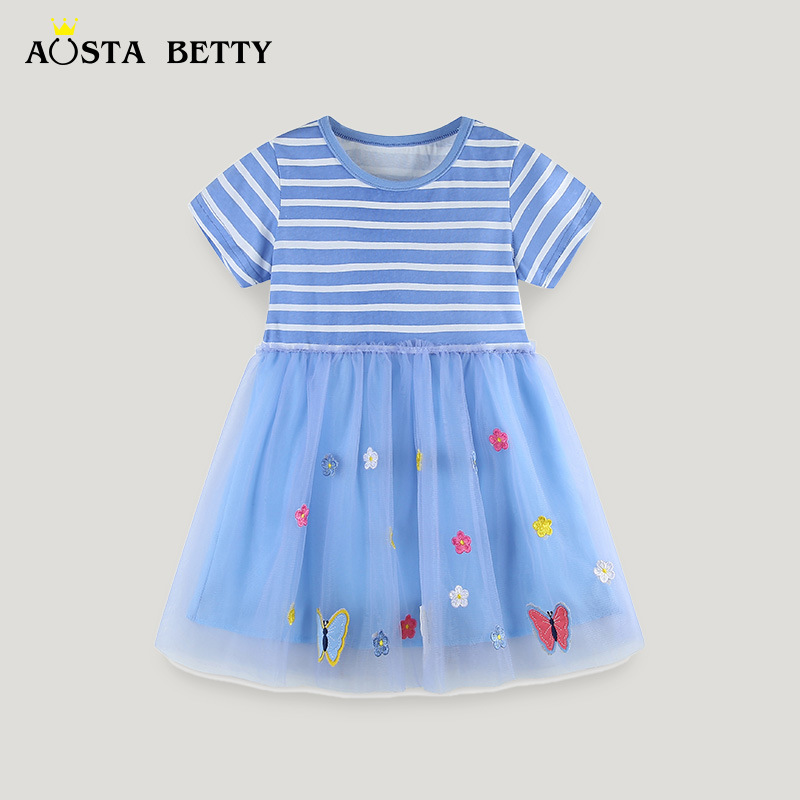 Picture of Summer Girls dress European and American Style Butterfly Flower Embroidered Princess Dress Children's Fashion Striped Veil Dress