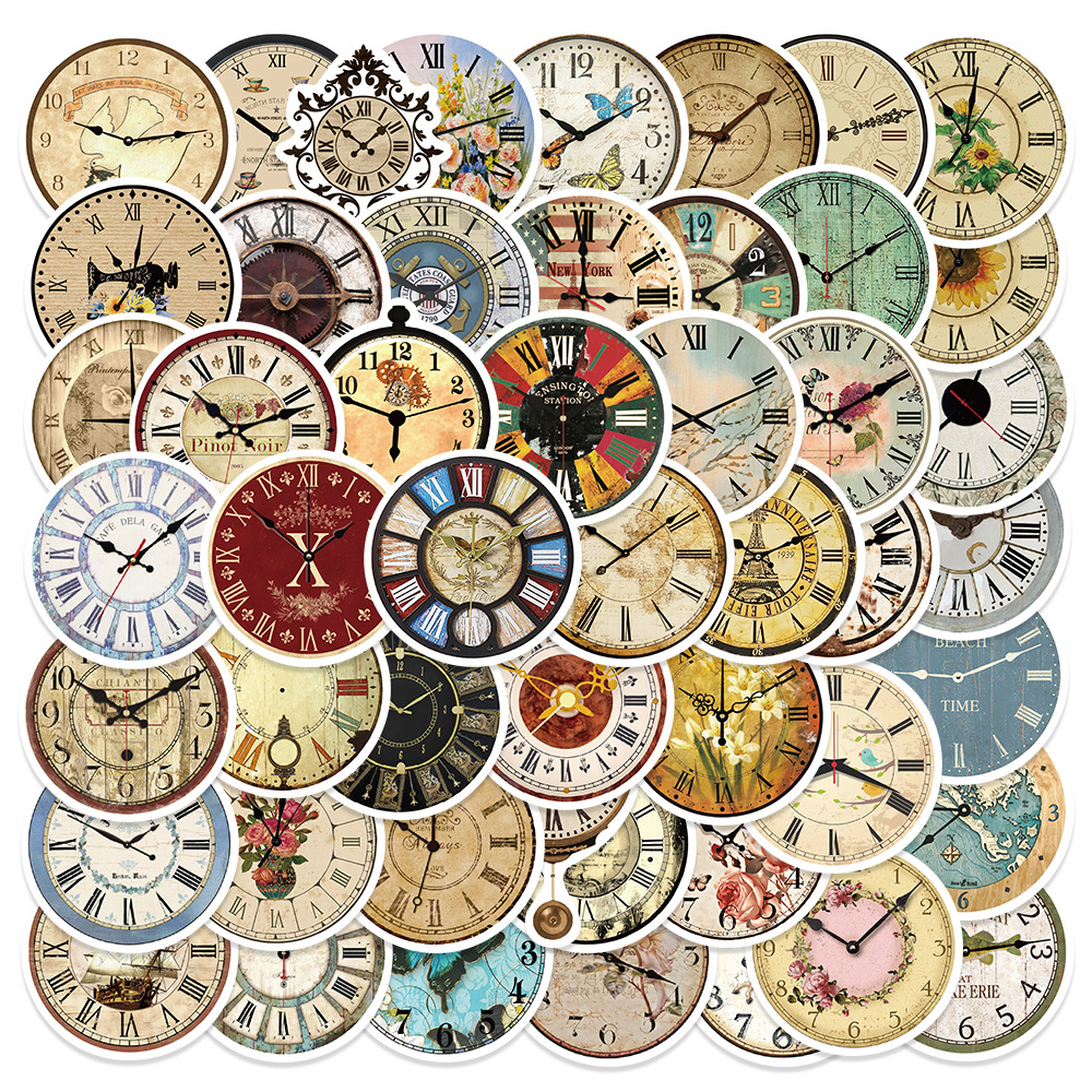 50 pieces cross-border retro art nostalgic clock graffiti stickers personalized decorative refrigerator luggage water cup stickers waterproof