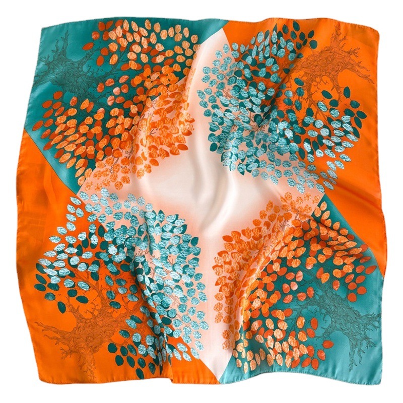 Poetic autumn leaf silk scarf orange green color matching scarf artificial silk 70cm square scarf outer shawl tie hair scarf