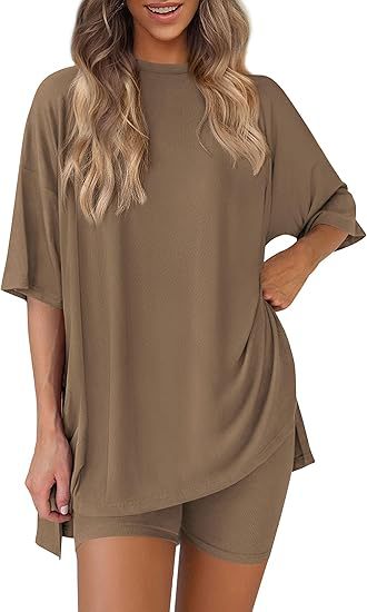 Picture of Cross-border foreign trade Amazon 2025 new women's casual round neck split loose shorts short sleeve home clothes suit