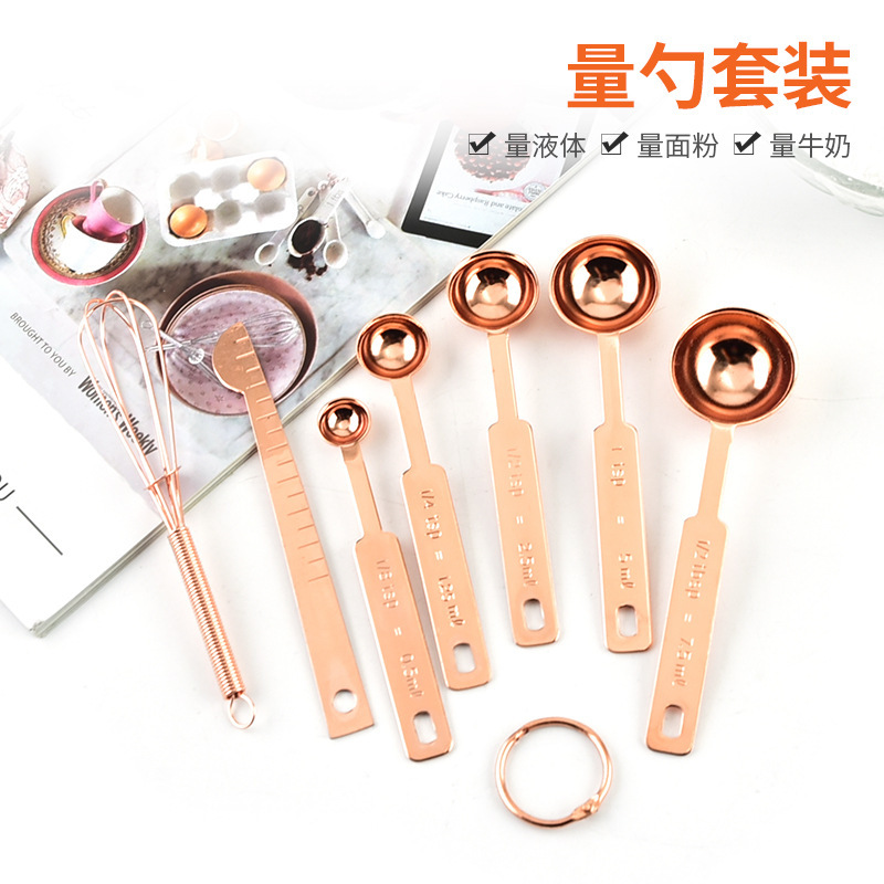 Picture of Cross-border 430 stainless steel round 7-piece measuring spoon set with stirring rod baking scale seasoning spoon content ruler