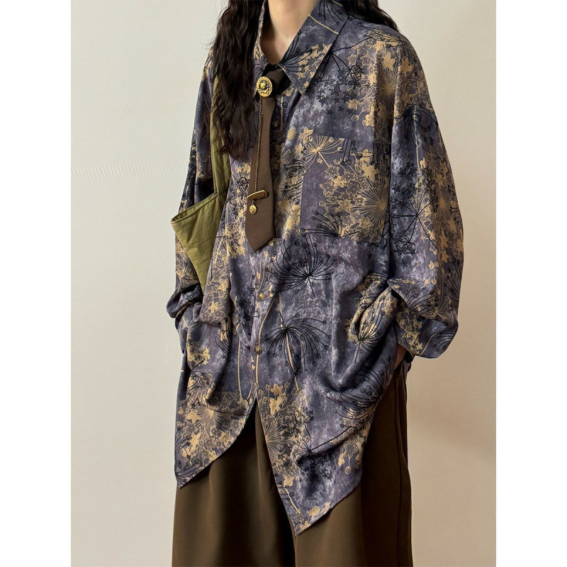 2025 Hong Kong Style Spring New American Style Retro New Chinese Style Dandelion Printed Purple Long Sleeve Shirt Women's Trendy Top