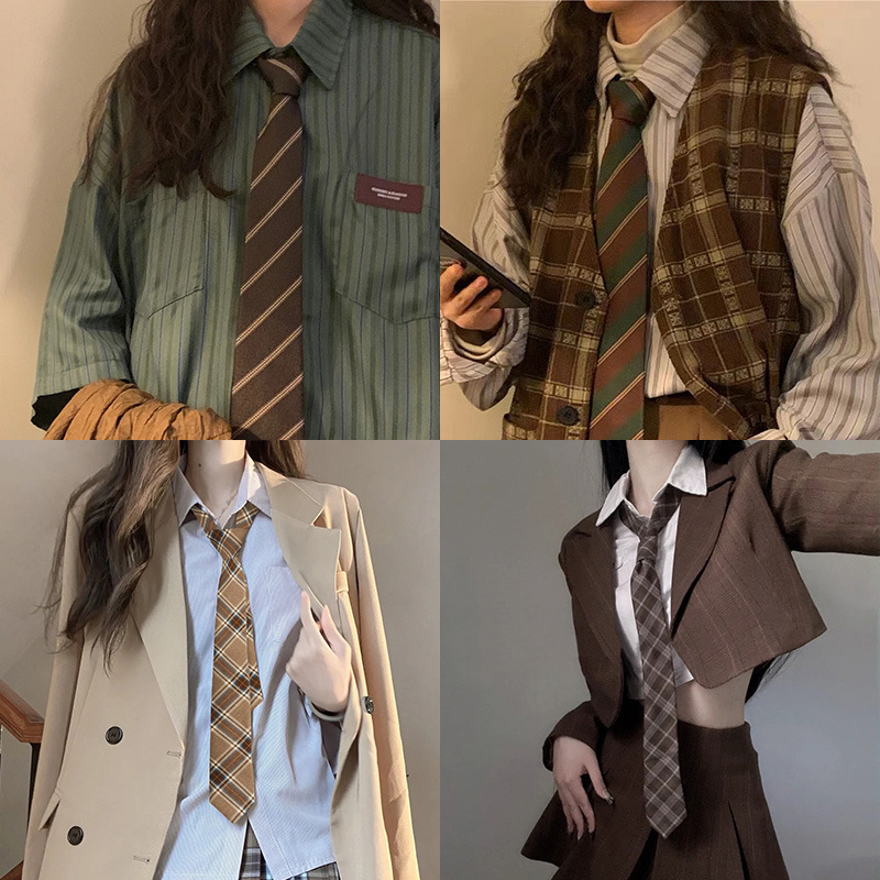 Coffee Striped Tie for Women, Retro Style, Contrasting Green, Hand-Tied, Casual, Versatile Brown Shirt Accessories Manufacturer Wholesale