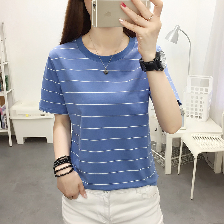 Pure Cotton Short-sleeved T-shirt Women's Summer Middle-aged Mom plus size Loose Striped T-shirt All-match Round Neck Western Style Top