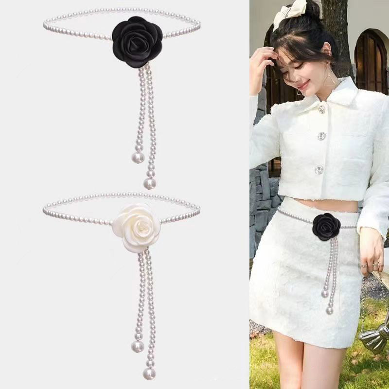 Camellia pearl small fragrant waist chain black and white flower versatile belt dress shirt belt belt chain decoration