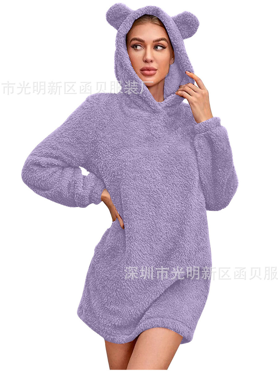 Picture of European and American Cross-border Amazon 2024 Autumn and Winter New Ear Hooded Loose Plush Long Sleeve Women's Wei Skirt Coat