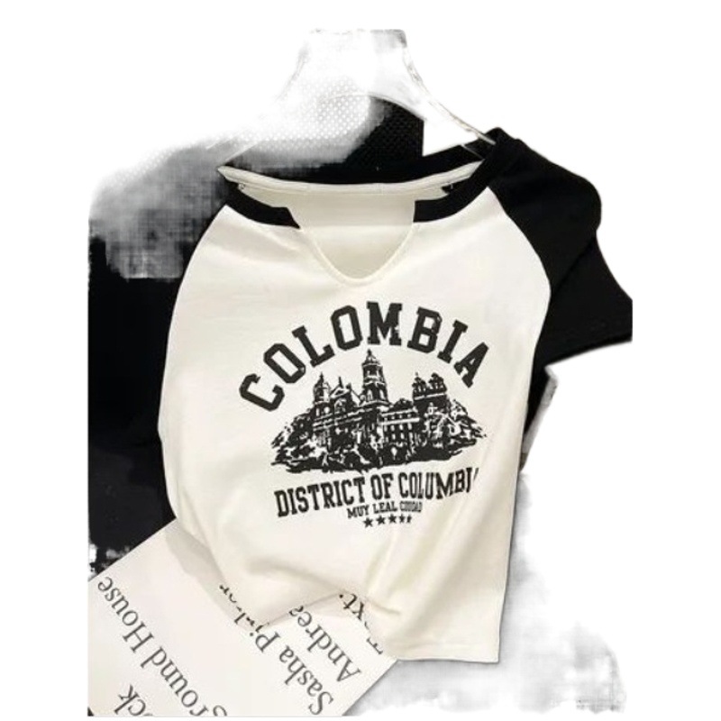 High-end V-neck letter printed short-sleeved T-shirt women's 2024 summer new design sense niche slim-fit trendy top