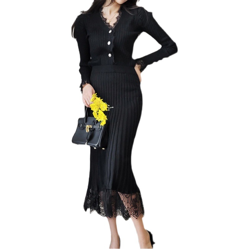 European and Korean women's knitted two-piece suit goddess style V-neck lace stitching long-sleeved top high waist sheath dress suit