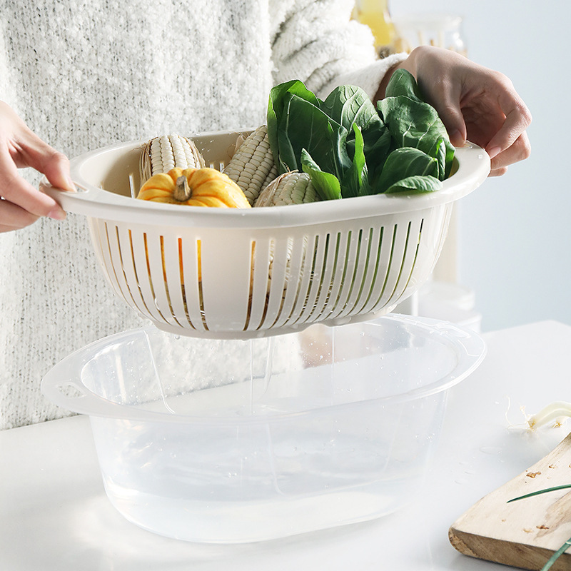 3011 Creative Double Layer Draining Basket Plastic Household Vegetable Washing Basin Kitchen Multifunctional Storage Basket Fruit Plate