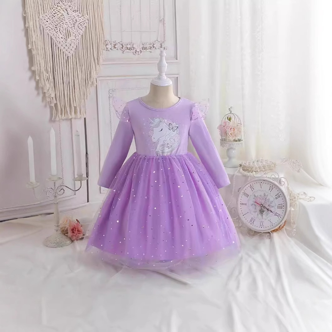 2024 New Unicorn Princess Dress Girls' Autumn Long Sleeve dress Children's Spring and Autumn Western Style Tuffy Dress Trendy
