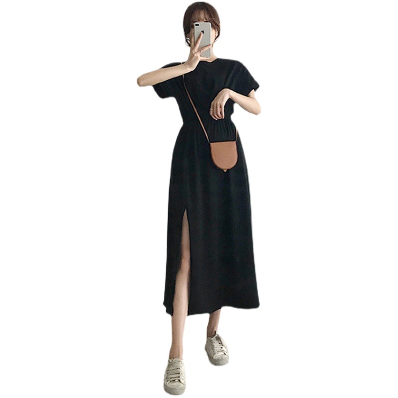 Summer New Dress Women's French Waist Slimming Mid-Length Slit Short-Sleeved Long Skirt over the Knee Wholesale