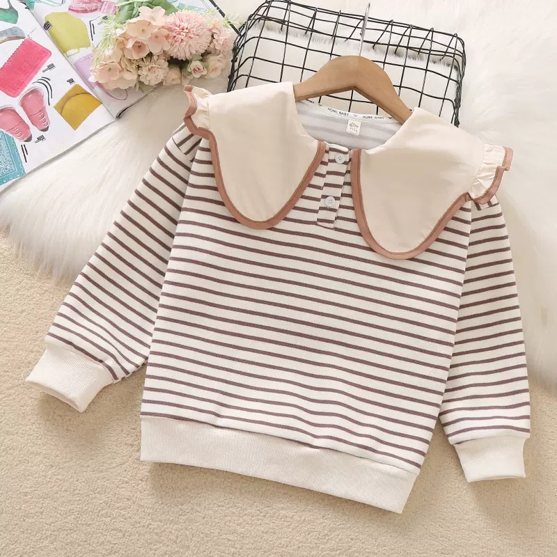 Girls' sweater spring and autumn fashionable children's fried street striped top primary and secondary school students' sweater doll collar autumn clothes