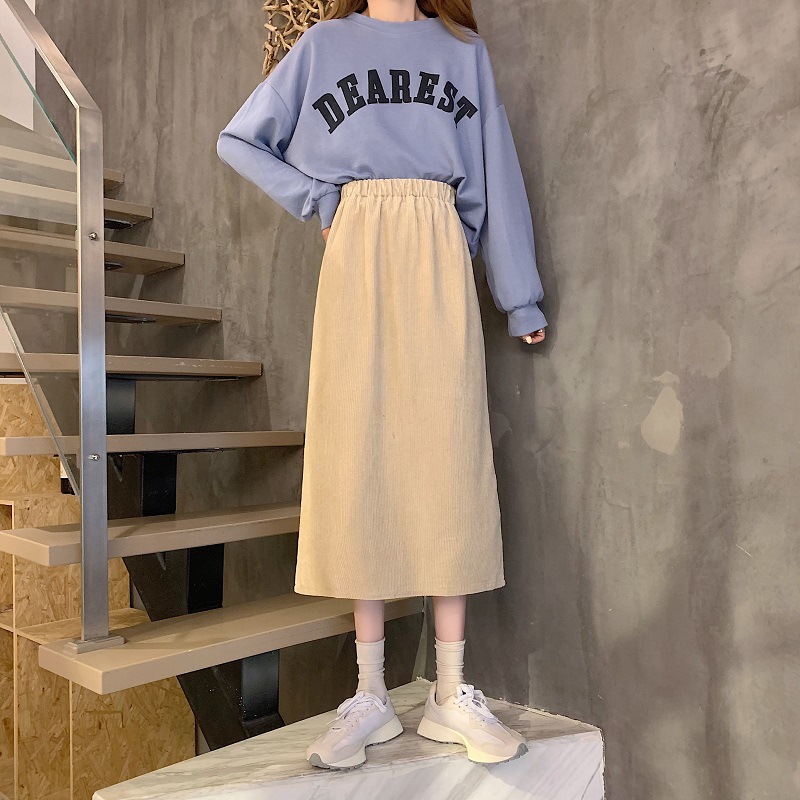 2023 New Slit Outer-Wearing Hip Skirt Women's Autumn and Winter Sweater Skirt Corduroy Elegant Mid-Length Skirt