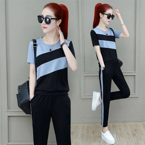 Sports suit Women's 2025 Summer New Korean-style Loose plus size Color-matching Short-sleeve Fashionable Running Casual Two-piece Set for Women