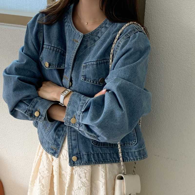 Picture of Autumn New Vintage Collarless Single-breasted Loose All-match Short Pocket Denim Coat Women's Top