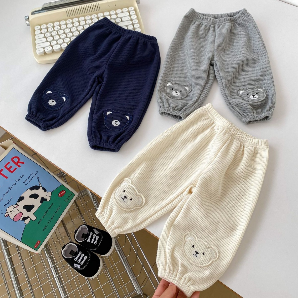Picture of 2024 Spring Children's pants cute bear waffle pants thin outer wear baby baby casual ankle-tied pants