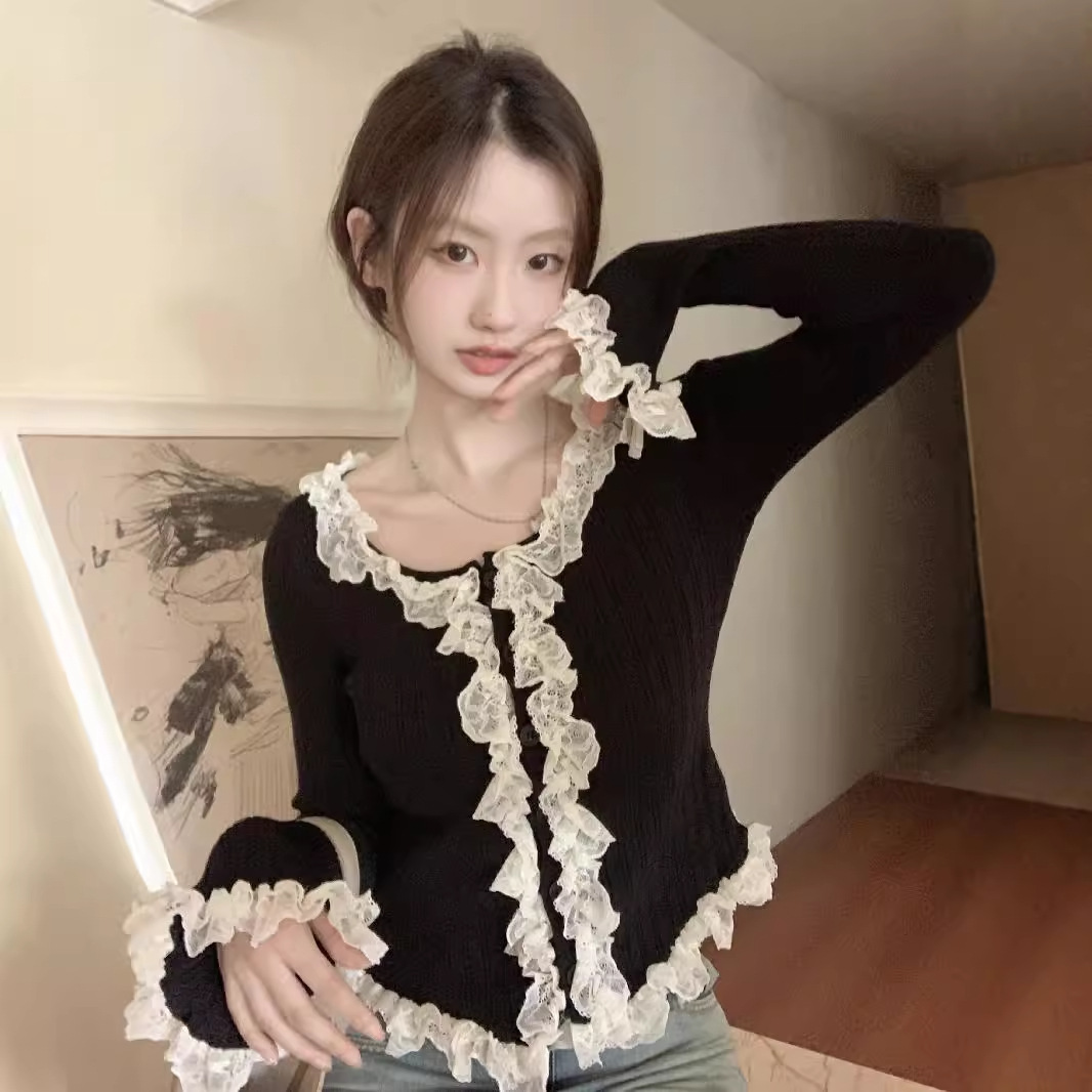 Picture of French Style Pure Lust Style Apricot Knitted Cardigan for Women Autum 2024 New Slim Short Spliced Lace Top