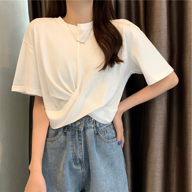Milk Silk Navel-exposed Short White Short-sleeved T-shirt Women's Solid Color Slimming Summer Design Sense Niche High Waist Top Instagram