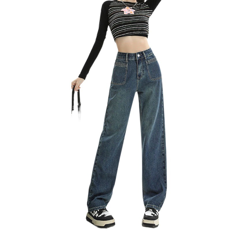 Mop straight high waist jeans for women thickened new front pocket design warm fleece-lined loose wide leg long pants