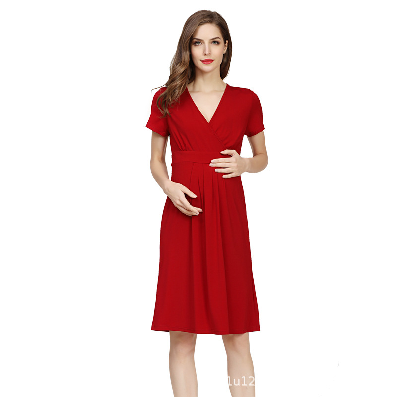 Picture of Summer Short-sleeved Maternity Nursing Skirt V-neck Solid Color Pregnant Women dress plus size dress Fashionable Loose Maternity Dress