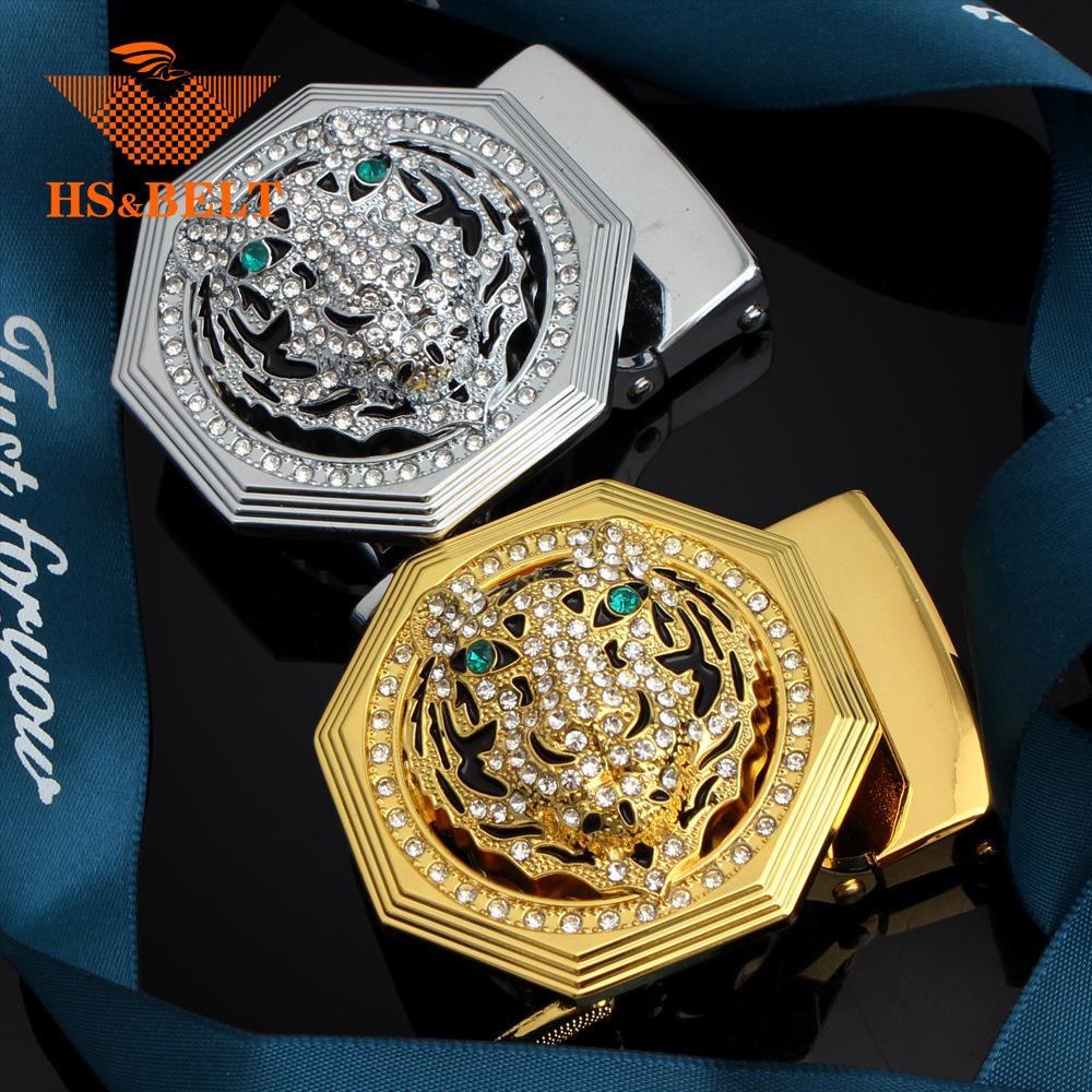 Hongsheng Men's 40 Automatic Alloy Leather Belt Buckle Head Colored Diamond Set Tiger Head Online Celebrity Live Swivel Belt Buckle