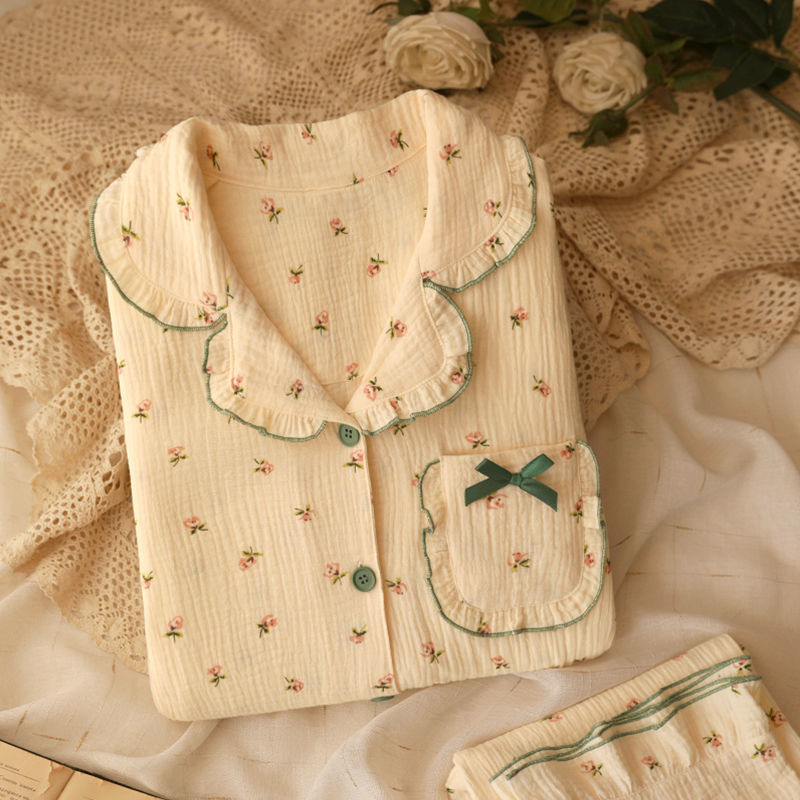 Live Pajamas Women's Spring and Autumn Cyber Celebrant Lace Long Sleeve Pants Cardigan Sweet Bubble Wrinkle Home Clothes Women's Two-Piece Set