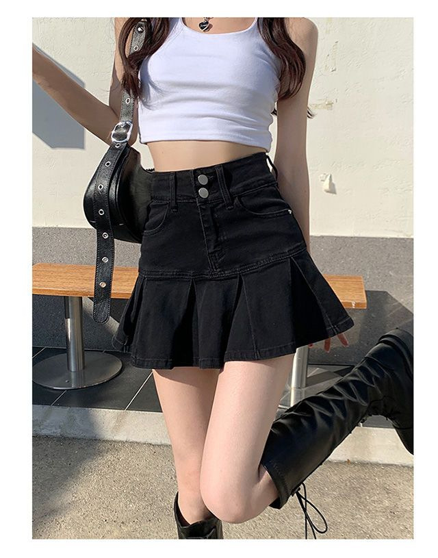 Denim Skirt Women's Small Pleated Skirt Spring and Summer 2023 New High Waist Slimming All-match A- line Skirt Short Skirt