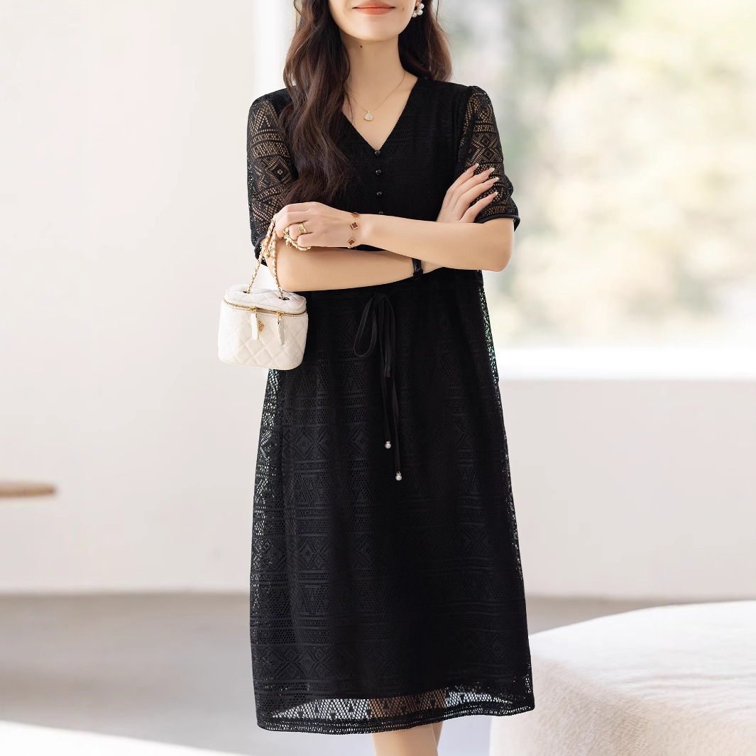 2025 New V-neck Embroidered Black dress Women's Summer Elegant Mid-length