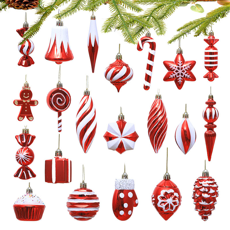 New 2025 Christmas ball shaped decorations small pendant plastic plating painted red crutch candy hexagonal star