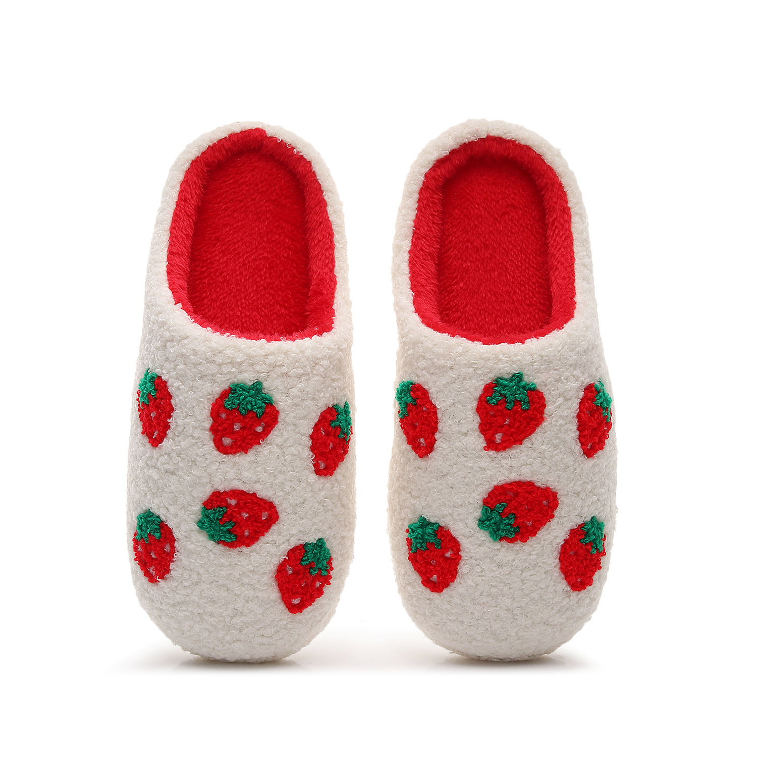 Cute Red Strawberry Fruit Cotton Slippers Autumn and Winter Plush Slippers Women's Silent Soft-Soled Furry Shoes Foreign Trade Ready Stock