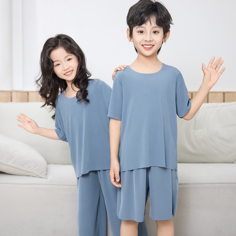 Picture of Children's Summer Ice Silk Home Clothes Pajamas suit Thin Round Neck Cool Short Sleeve Outer Wearing